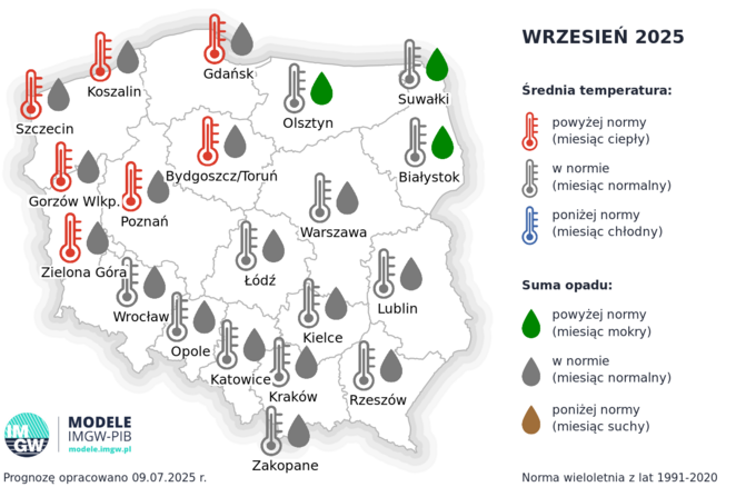 Średnia temperatura i opady we wrześniu 2025