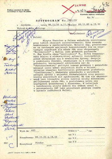 Szyfrogram z Ambasady PRL w Londynie z oceną brytyjskich reakcji na wizytę, 5 listopada 1988 r., strona 1 (AMSZ).