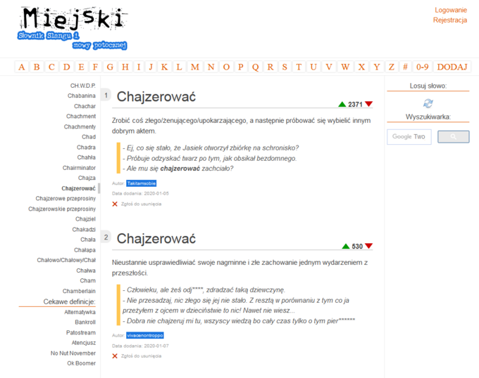 Definicja słowa „chajzerować” na www.miejski.pl