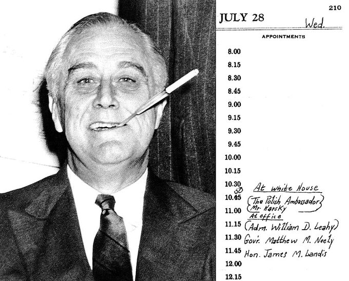 Franklin Delano Roosvelt w 1943 r. oraz strona z jego kalendarza spotkań z nazwiskiem Jana Karskiego