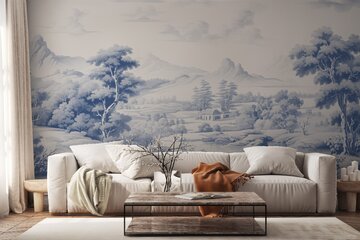 Modny mural w powiększony maksymalnie deseń toile de Jouy, który zwykle na tapetach jest niewielki zwielokrotniony 