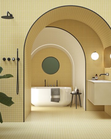 W&nbsp;łazience tile drenching obejmuje ściany, wnęki i&nbsp;strefę kąpielową, tworząc sp&oacute;jną, architektoniczną kompozycję