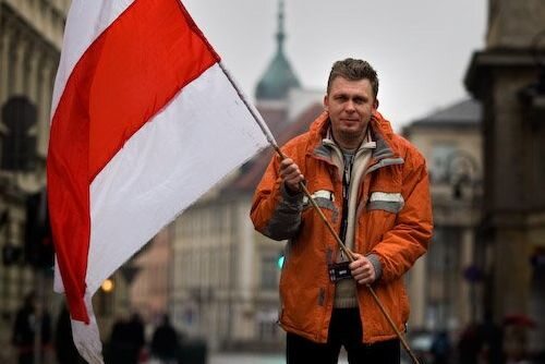 Adam Nowak demonstruje solidarność z Białorusią (fot. W. Radwański)