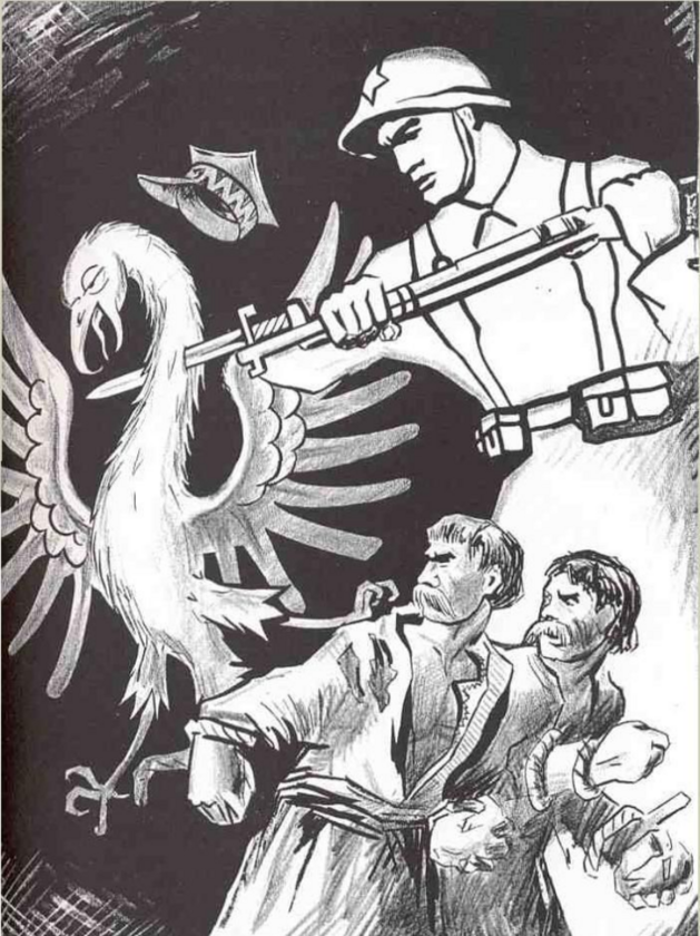 Plakat propagandowy ZSRR. Żołnierz Armii Czerwonej morduje białego orła i wyzwala z okowów chłopów 