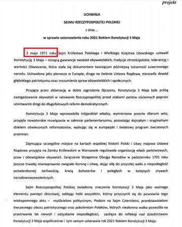 Projekt uchwały Sejmu ustanawiającego rok 2021 Rokiem Konstytucji 3&nbsp;Maja z&nbsp;błędem
