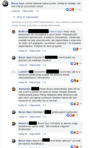 Screen z komentarzami pod wpisem Zofii Klepackiej na Facebooku 