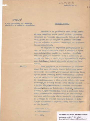 Raport Tadeusza Buynowskiego, konsula w Konsulacie RP w Czerniowcach o wydarzeniach na terenie placówki w połowie września, 1 listopada 1939 r., strona pierwsza z informacją o transporcie polskiego złota (Instytut Polski i Muzeum gen. Sikorskiego w Londyn