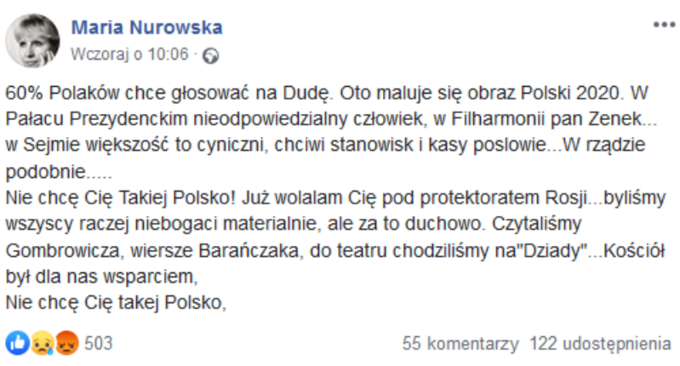 Wpis Marii Nurowskiej na Facebooku