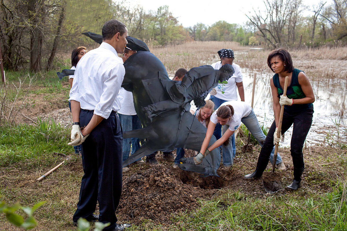 Przeróbka zdjęcia Baracka Obamy z żoną, nadzorujących sadzenie młodego drzewa 