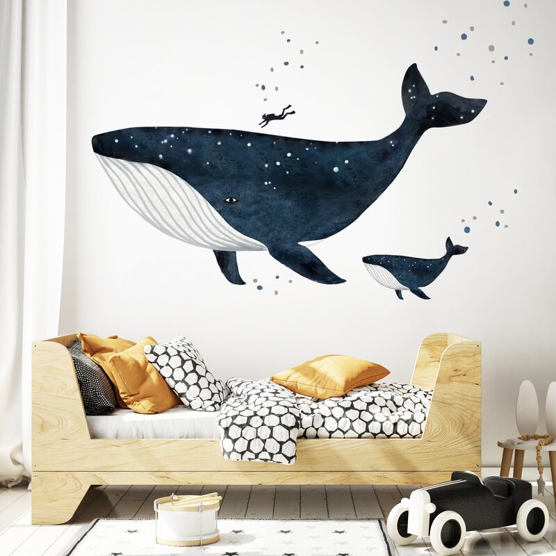 Naklejka na ścianę – wieloryby i nurek