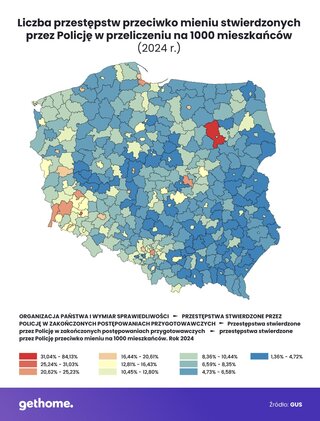 Mapa przestępczości – liczba przestępstw przeciwko mieniu stwierdzonych przez Policję