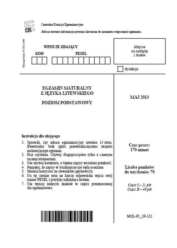 Arkusz egzaminacyjne z języka litewskiego - poziom podstawowy (fot.CKE)