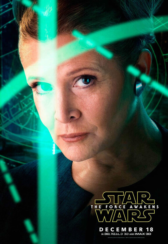 Carrie Fisher	jako Leia Solo. Plakat. Gwiezdne Wojny: Przebudzenie Mocy. Plakat z wizerunkiem postaci.