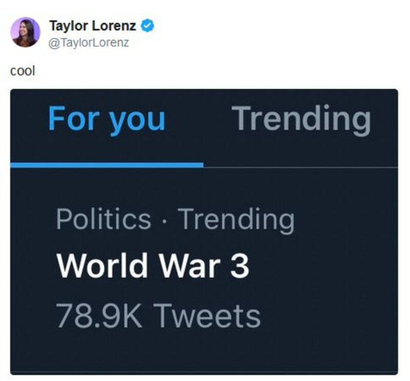 Reakcja na Twitterze na trendującą "trzecią wojnę światową" 