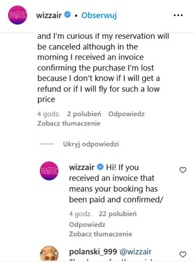 Odpowiedź Wizz Air na pytanie o ważność rezerwacji