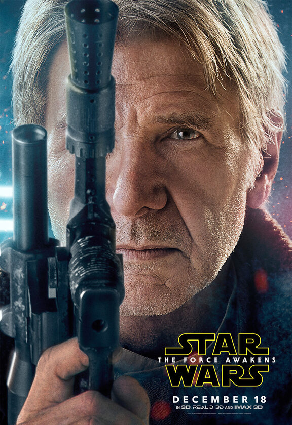 Harrison Ford jako Han Solo. Gwiezdne Wojny: Przebudzenie Mocy. Plakat z wizerunkiem postaci.