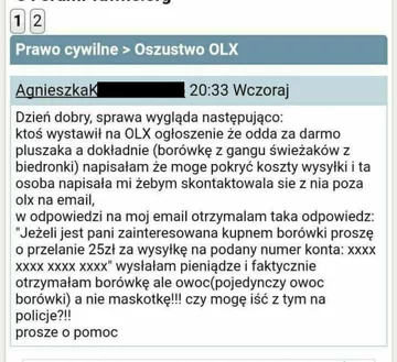 Problem zgłaszany przez oszukaną użytkowniczkę portalu internetowego OLX 