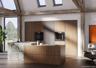 Kuchnia z klasą – wyrafinowane połączenie ciemnego, eleganckiego orzecha (Ebony Walnut) z wyrazistym żyłowaniem marmuru (Imperio)