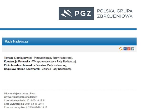 Rada Nadzorcza PGZ SA bez Bartłomieja Misiewicza, BIP