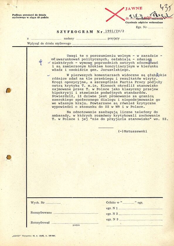 Szyfrogram z Ambasady PRL w Londynie z oceną brytyjskich reakcji na wizytę, 5 listopada 1988 r., strona 2 (AMSZ).