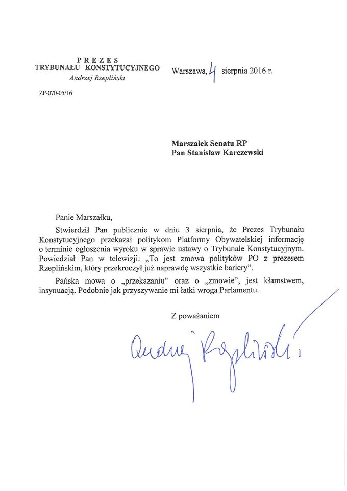 List Andrzeja Rzeplińskiego do Stanisława Karczewskiego