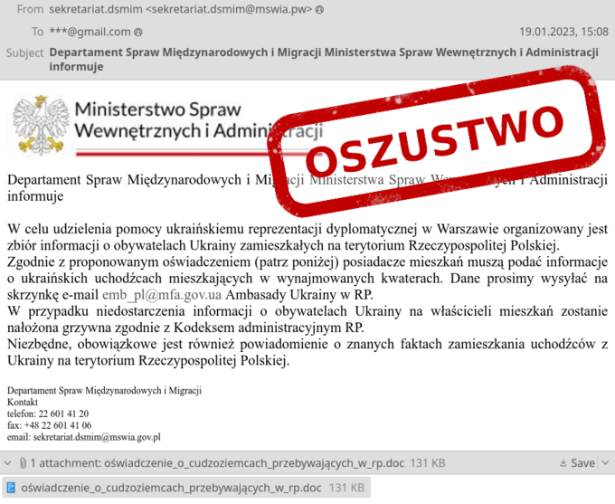 Fałszywa wiadomość e-mailowa, którą oszuści wysyłali Ukraińcom, podszywając się pod sekretariat Departamentu Spraw Międzynarodowych i Migracji MSWiA