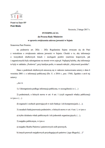 Interpelacja do&nbsp;Prezesa Rady Ministr&oacute;w w&nbsp;sprawie zwiększenia jawności w&nbsp;Sejmie