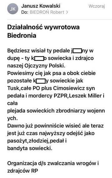 Wiadomość, kt&oacute;rą otrzymał Robert Biedroń