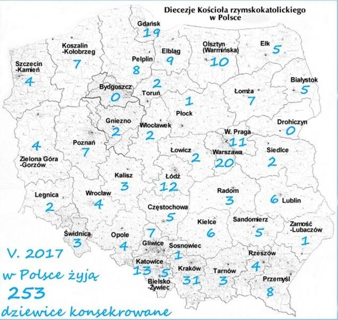 Mapa Polski z oznaczonymi konsekrowanymi