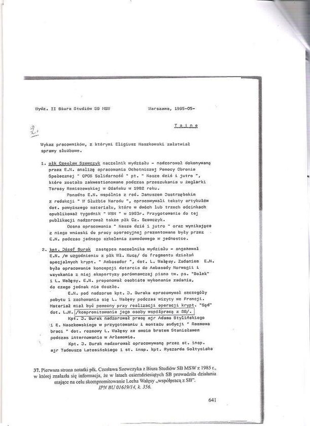 Dokument opublikowany przez Lecha Wałęsę 9 stycznia 2018 roku 