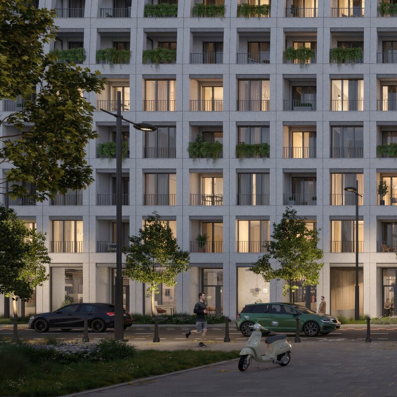 Wizualizacja inwestycji MURANO w&nbsp;Warszawie &ndash; projekt PROFBUD przy ul. Anielewicza, w&nbsp;sąsiedztwie Ogrodu Krasińskich i&nbsp;Muzeum POLIN, zaprojektowany przez BBGK Architekci