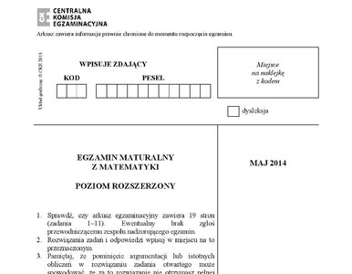 Miniatura: Matura 2014: Arkusz rozszerzony z matematyki