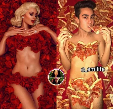 Po prawej Emanuele Ferrari parodiujący kreacje celebrytów 