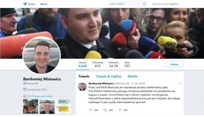 Fałszywe konto na Twitterze Bartłomieja Misiewicza