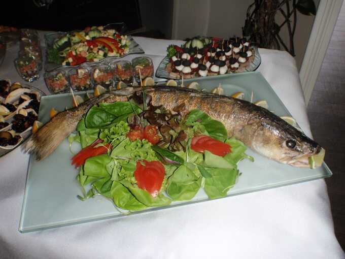 Sandacz faszerowany podany na&nbsp;szkle