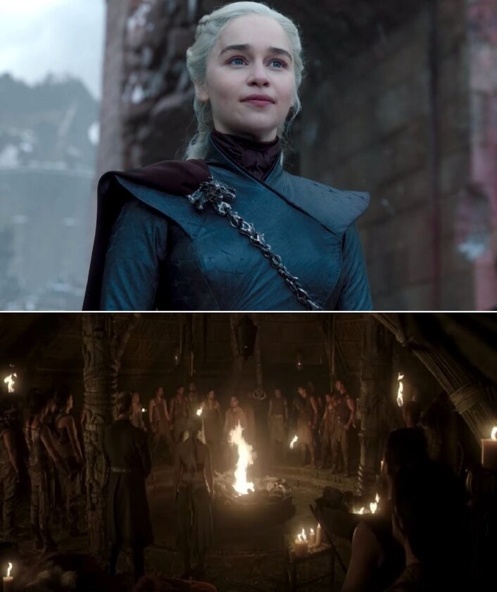 Daenerys składa obietnicę Dothrakom Podczas swojego przemówienia do swojej armii, Daenerys przywołuje słowa Khala Drogo, które wypowiedział w ich kierunku w pierwszym odcinku „Gry o tron”. Wówczas były to plany, teraz się ziściły. Królowa jednak planuje dalszą walkę. - Wyzwoliliście mieszkańców miasta z uścisku tyranki! Ale wojna wciąż trwa. Nie odłożymy włóczni, dopóki nie wyzwolimy wszystkich ludzi na świecie. Od Winterfell po Dorne, od Lannisportu po Qarth, od Wysp Letnich po Morze Nefrytowe. Kobiety, mężczyźni id zieci, zbyt długo cierpią przygnieceni kołem! Strzaskacie je wraz ze mną? - pyta.
