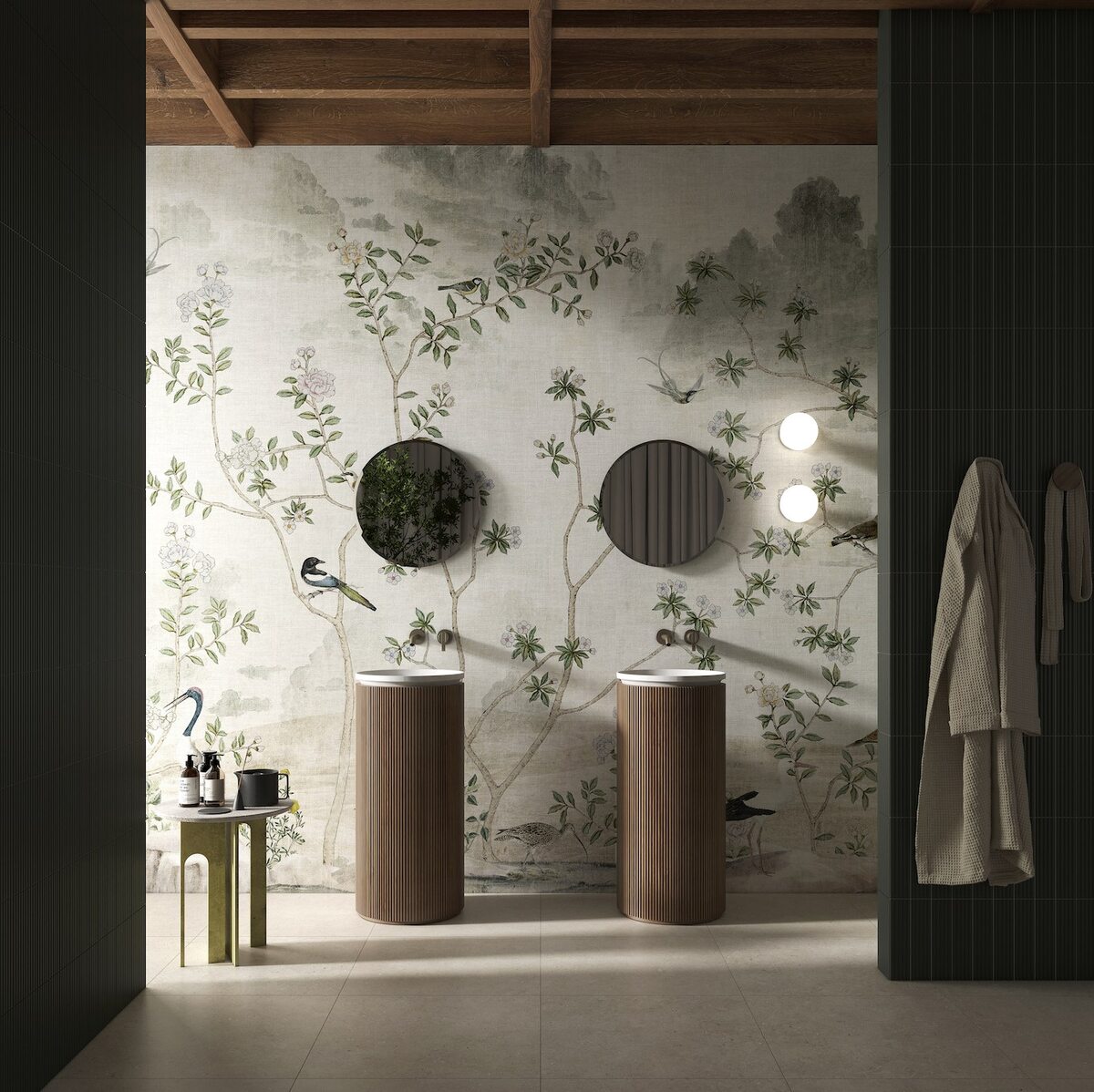 Tapeta do łazienki w stylu japandi wykonana z włókniny, papieru winylowego i włókna szklanego Tapeta w łazience