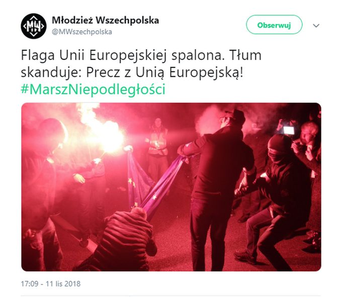 Wpis Młodzieży Wszechpolskiej o spaleniu flagi UE