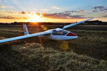 Lądowanie w terenie przygodnym oraz składanie szybowca na wózek, szybowiec Junior Aeroklubu Ostrowskiego 