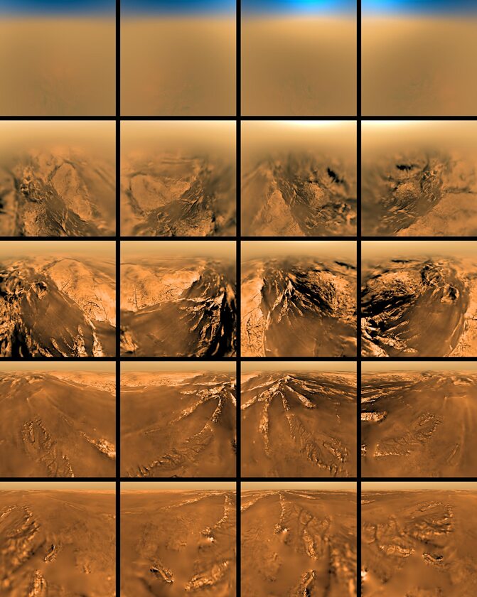 Widok powierzchni Tytana z różnych wysokości, obraz z sondy Cassini-Huygens 