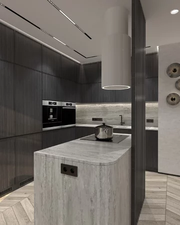 Kuchnia w ciemnej zabudowie, projekt Agata Izdebska 