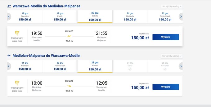 Ceny lotów do Mediolanu z Modlina
