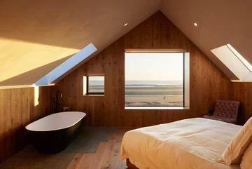 Różowy domek na plaży, projekt RX Architects RIBA, różowy domek na plaży