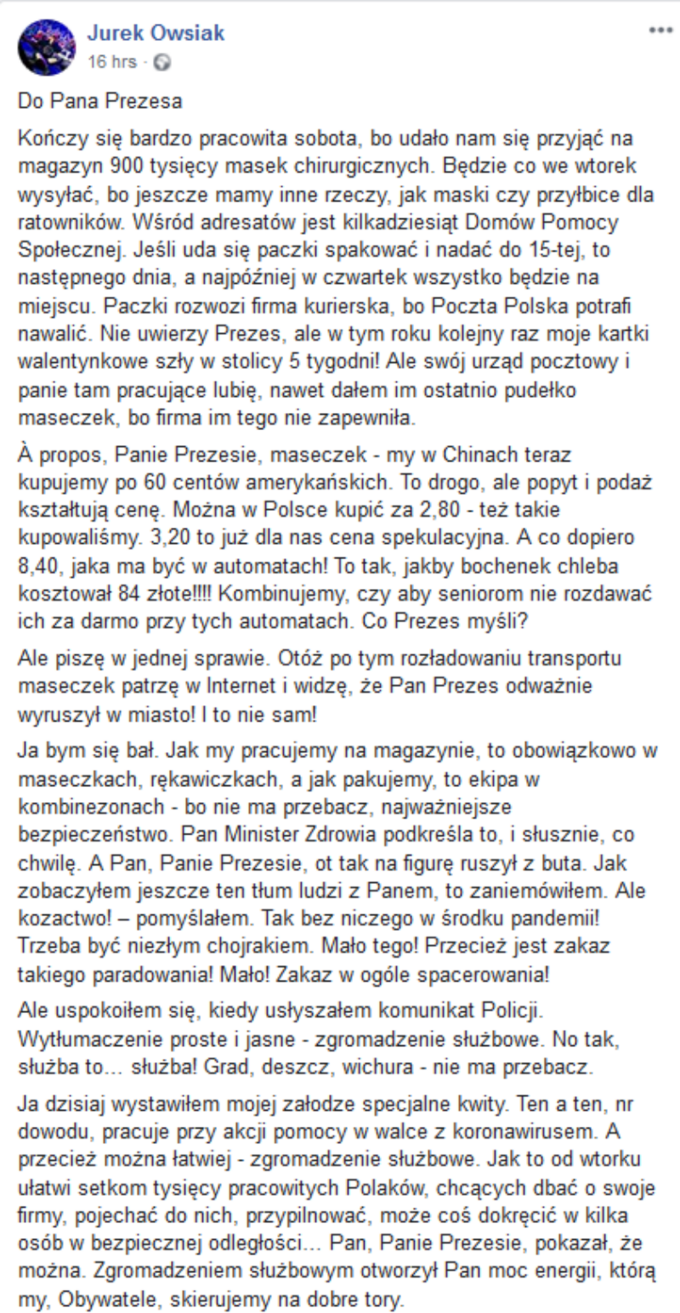 Jurek Owsiak do prezesa PiS