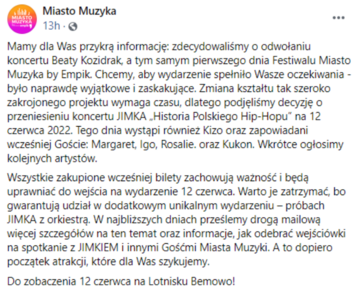 Komunikat ws. Miasto Muzyka
