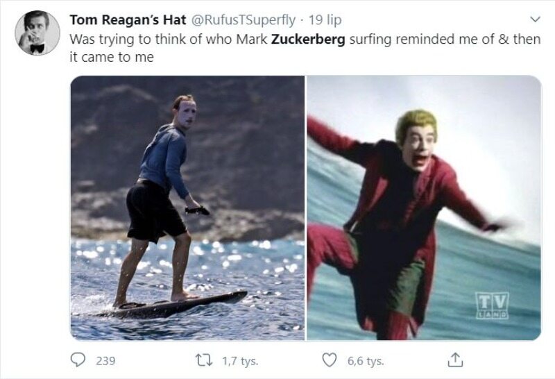 Mark Zuckerberg jako surfer i mem 