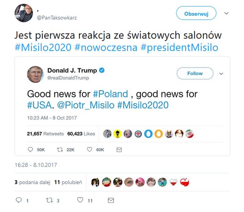Donald Trump tweetuje o Piotrze Misiło (mem) 