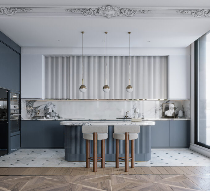 Kuchnia z marmurowymi blatami w apartamencie w Bostonie, stołki Freddo