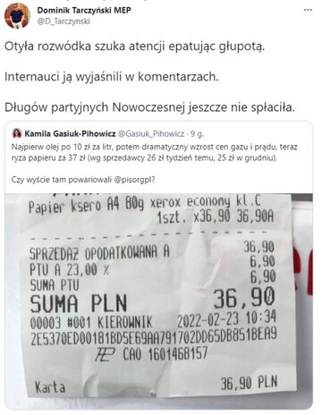 Tweet Dominika Tarczyńskiego o&nbsp;Kamili Gasiuk-Pihowicz