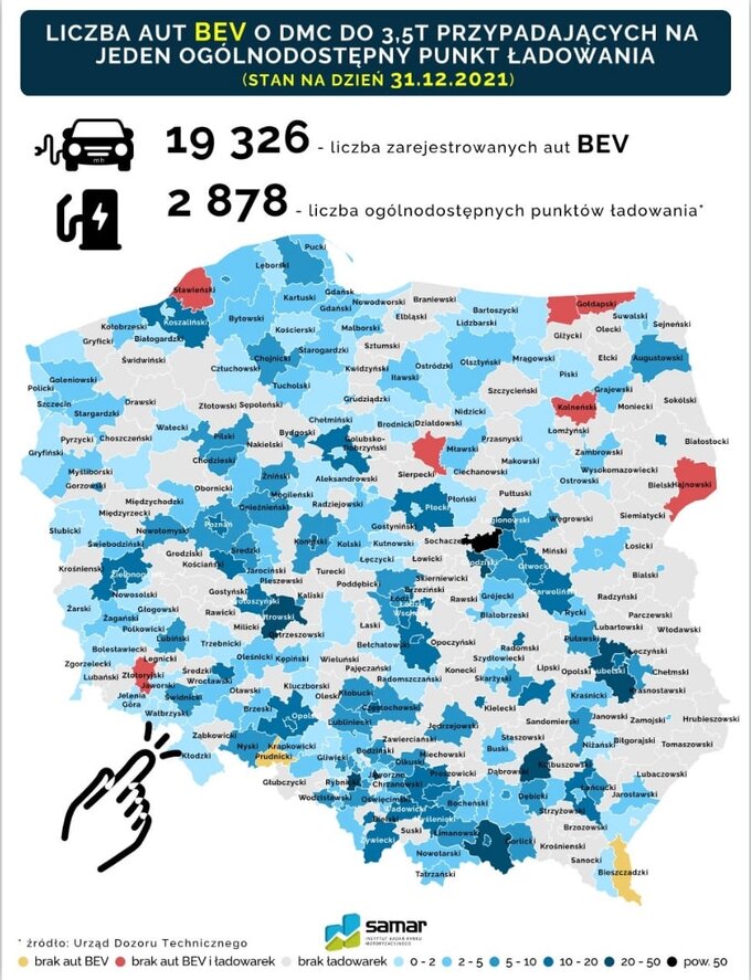 Elektryki na jeden punkt ładowania w Polsce